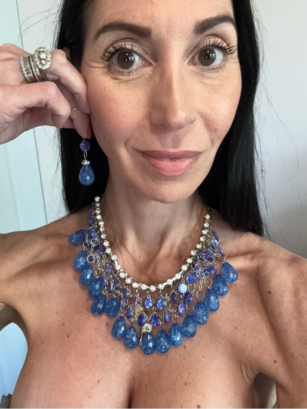 Blue Statement Necklace & Earrings Set | Rhinestone Waterfall Bib Necklace